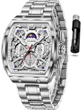 Men's Silver Chronograph Big Square Analog Stainless Steel Date Wrist Watch